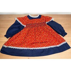 Girls Sz 5 Hand Smocked Apron Style Blue Red Floral Dress VTG Princess Anne Lace